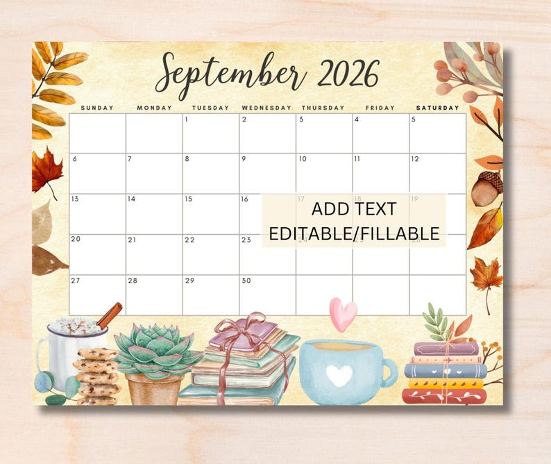 May include: A watercolor-style September 2026 calendar with a beige background and autumn-themed illustrations. The calendar grid is white, with the days of the week across the top. Decorative elements include leaves, acorns, books, and mugs.