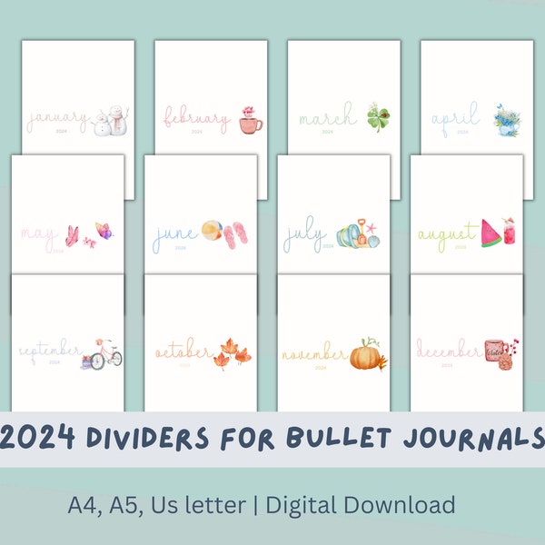 Dividers Watercolor January to December for Ring Binders, Bullet Journal, Calendars, Page inserts, Divider set, Paper Bundle