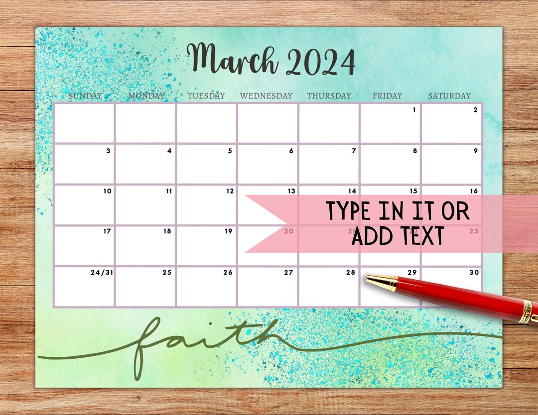 EDITABLE March 2024 Calendar, Printable Fillable Monthly Planner for