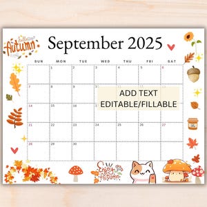 EDITABLE September 2025 Calendar, Printable Monthly Calendar for September, Autumn Fall Calendar, Classroom Calendar, 2025 Sept Calendar