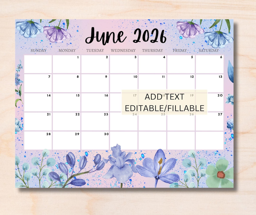 EDITABLE June 2026 Calendar, Printable Wall Calendar 2026, Cute ...