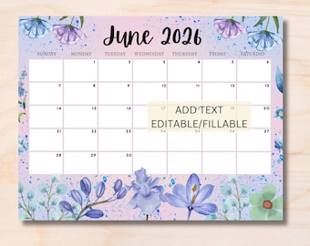 Calendario editable de junio de 2026, calendario de pared imprimible de 2026, bonito calendario rellenable para junio, calendario mensual para el aula, bonito calendario familiar.