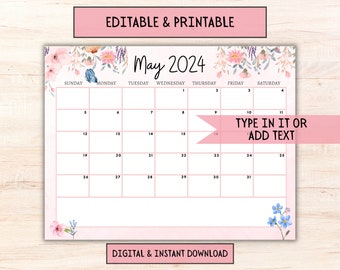 EDITABLE May 2024 Calendar, Cute Monthly Calendar for Kids, Classroom Homeschool, Printable Kids School Schedule Classroom Instant download