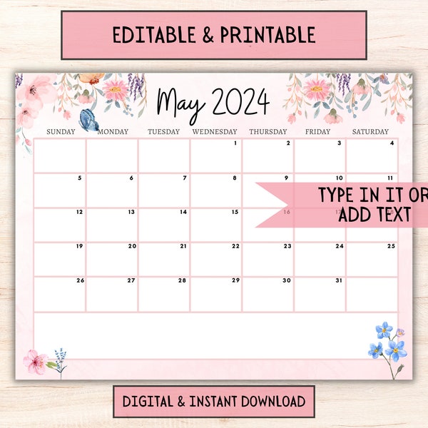 EDITABLE May 2024 Calendar, Cute Monthly Calendar for Kids, Classroom Homeschool, Printable Kids School Schedule Classroom Instant download