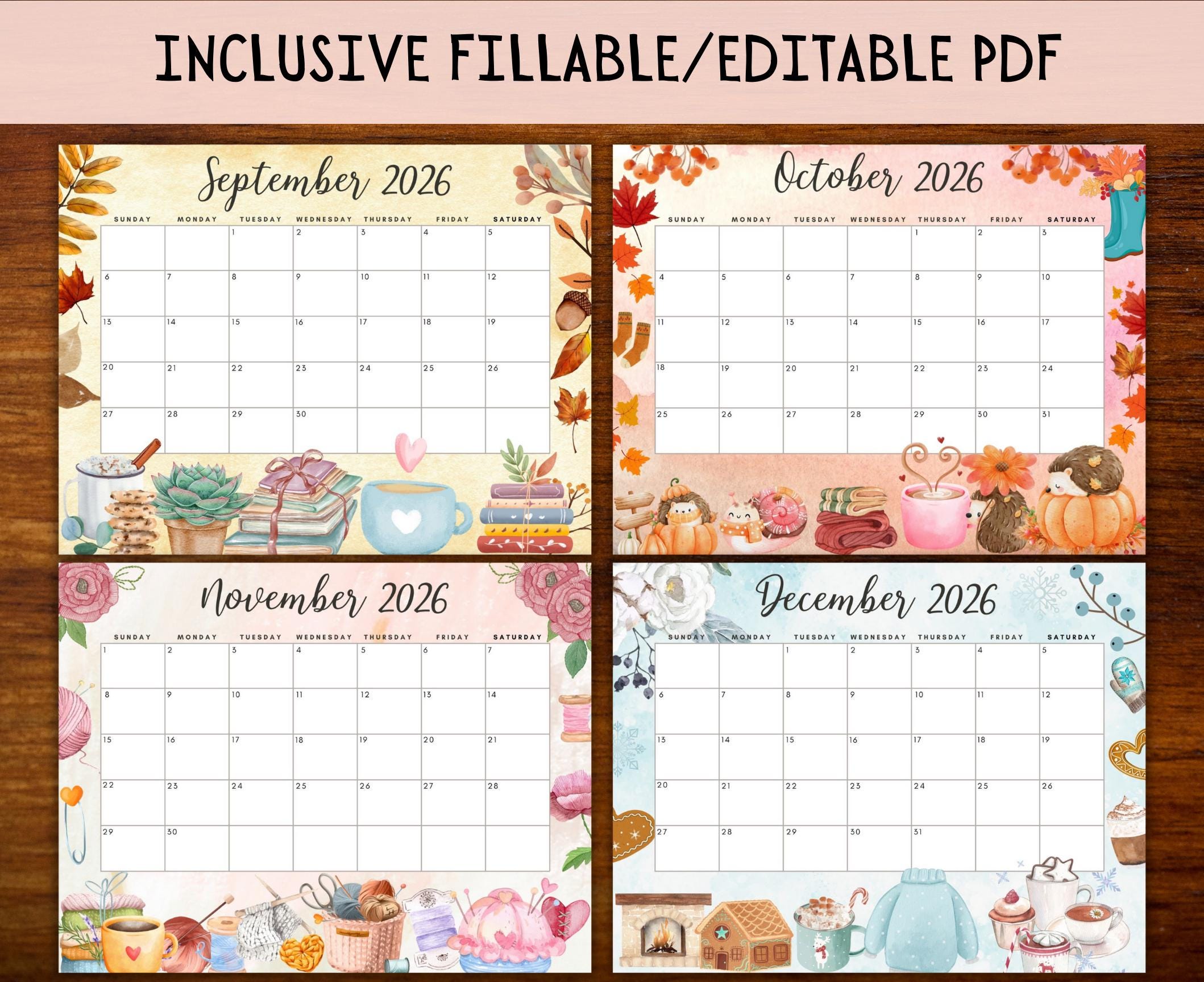 EDITABLE Monthly Calendar 2026 Bundle,fillable PDF 2026 Calendar,cute ...