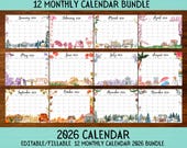 EDITABLE 2026 Calendar Bundle Pack, Beautiful January to December 2026 CAlendar, Fillable Printable Monthly Calendar 2026 Monthly Planner