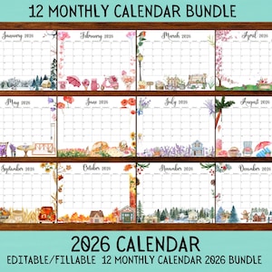 EDITABLE 2026 Calendar Bundle Pack, Beautiful January to December 2026 CAlendar, Fillable Printable Monthly Calendar 2026 Monthly Planner