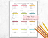 Editable School Year Calendar 2025-2026 for Preschool, Kindergarten, Daycare, 2025- 2026 Calendar Year at one glance Yearly Calendar Kids