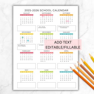 Editable School Year Calendar 2025-2026 for Preschool, Kindergarten, Daycare, 2025- 2026 Calendar Year at one glance Yearly Calendar Kids