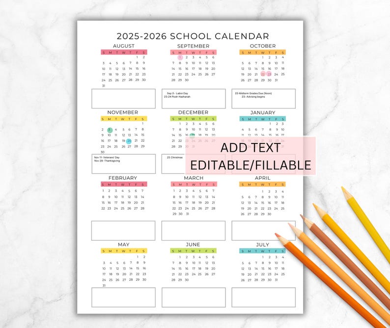 Editable School Year Calendar 20252026 for Preschool, Kindergarten