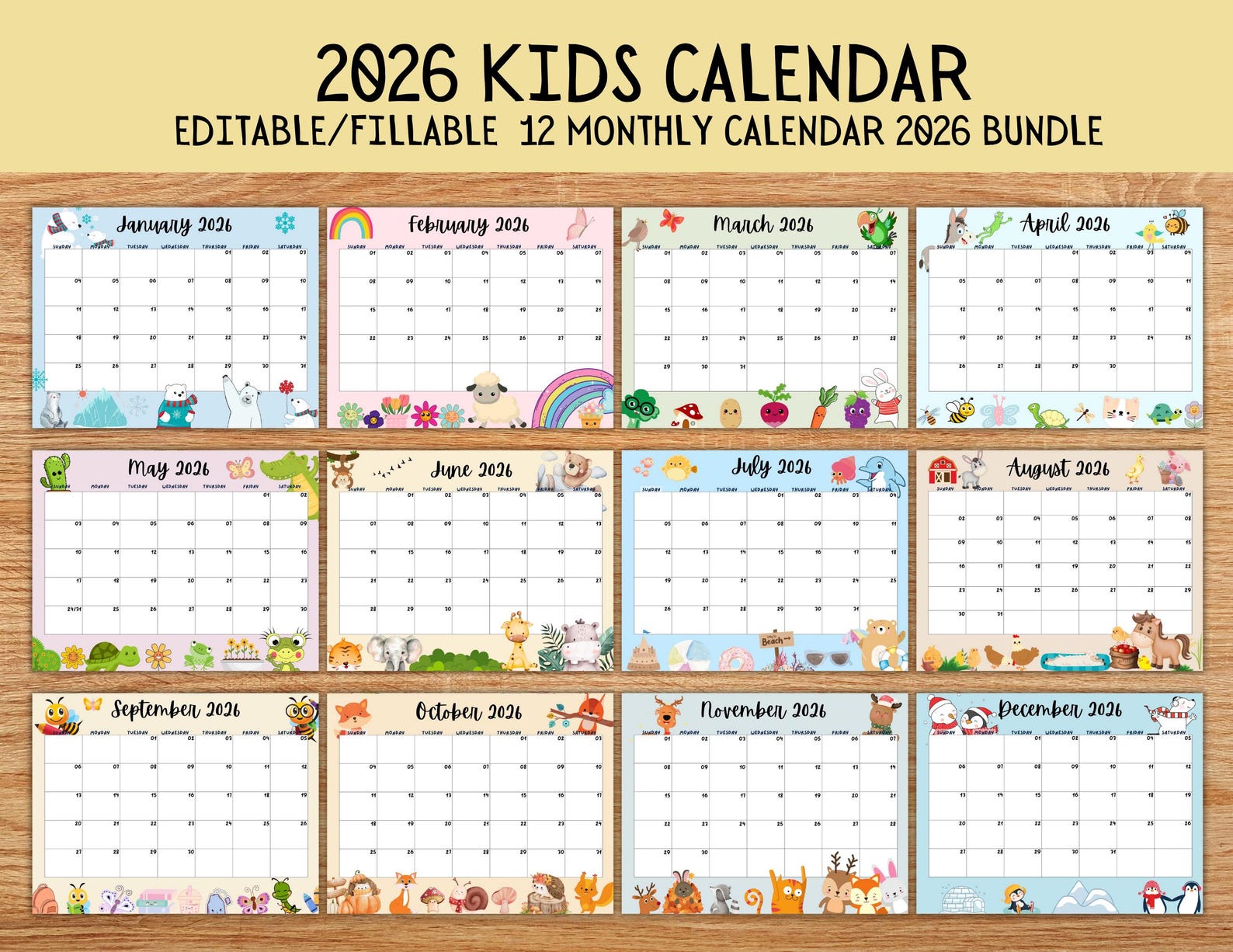 EDITABLE Monthly Calendar 2026 Bundle Pack, Whole Year 2026 Calendar ...