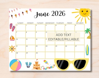 EDITABLE June 2026 Calendar, Printable Wall Calendar 2026, Cute Calendar for June Fillable, Monthly Classroom Calendar, Cute Family Calendar