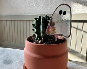 Stained Glass Ghost Plant Stake: Handmade Halloween Decor - MINI
