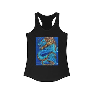 016-Dragon Print Tank Top, Chinese Dragon Sleeveless Shirt, Blue Red Yellow Racerback, Summer Clothing, Asian Mythical Creature Apparel