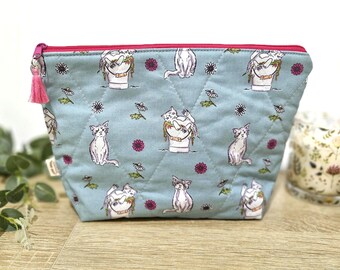 Large cat makeup bag, quilted cosmetic pouch, floral zipped pouch