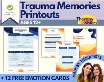 May include: A printable resource for ages 12 and up titled "Trauma Memories Printouts" with a yellow, orange, and blue color scheme. The resource includes worksheets about different types of memory and how they are affected by trauma. It also includes a worksheet for identifying areas of growth and improvement. The resource is made by therapists and includes 12 free emotion cards. The text "Don't double-purchase! This resource is also included in our Trauma Mega Bundle" is at the bottom of the image.