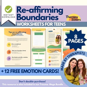 Affirming Boundaries | Psychologist Resource Therapy worksheets School Counselling Resources Self Care Cards Therapy Office Decor DBT Cards