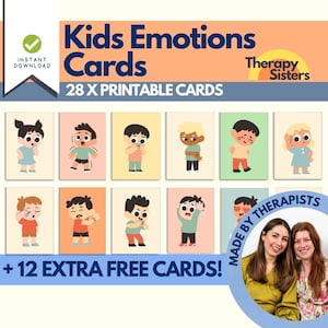 May include: A set of printable "Kids Emotions Cards" with illustrations of children expressing different emotions. The cards are designed by "Therapy Sisters" and include 28 cards, plus 12 extra free cards. The cards are available for instant download.