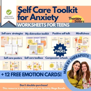 May include: A digital download titled "Self Care Toolkit for Anxiety" with worksheets for teens. The image features various self-care strategies, a distraction toolkit, positive self-talk guides, and mindfulness exercises. Includes 48 pages and 12 free emotion cards.