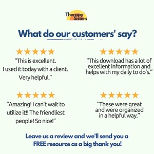 May include: A graphic with the text "What do our customers' say?" and four customer reviews with five-star ratings. Each review includes a quote and a description of the product. The graphic also includes the text "Leave us a review and we'll send you a FREE resource as a big thank you!"