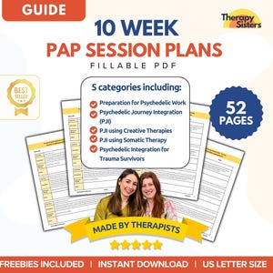 Peut inclure: Un guide numérique intitulé "10 Week PAP Session Plans" avec le texte "Fillable PDF". Le guide comprend 5 catégories, 52 pages et est réalisé par des thérapeutes. Le guide est au format US Letter et comprend des cadeaux. Deux femmes sourient en bas.