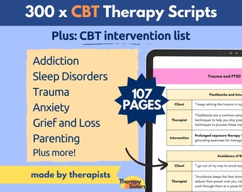 Może przedstawiać: Grafika w kolorze niebieskim i pomarańczowym z tekstem "300 x CBT Therapy Scripts" i "Plus: lista interwencji CBT". Grafika zawiera listę tematów, takich jak uzależnienie, zaburzenia snu, trauma, lęk, żałoba i strata, rodzicielstwo i wiele innych. W prawym górnym rogu znajduje się niebieska gwiazda z tekstem "107 STRON". Zrzut ekranu z tabletu przedstawia tabelę z nagłówkami "Klient", "Terapeuta" i "Interwencja". Tabela zawiera tekst o traumie i PTSD, retrospekcjach i intruzjach, przedłużonej terapii ekspozycyjnej i unikania przypomnień.