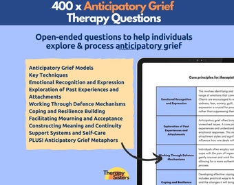May include: A digital display with the text "400 x Anticipatory Grief Therapy Questions." The image lists topics like "Emotional Recognition," "Coping and Resilience," and "Anticipatory Grief Models." The Therapy Sisters logo is at the bottom.