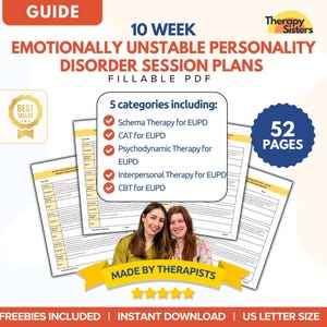 May include: A guide for Emotionally Unstable Personality Disorder session plans. The guide includes 5 categories: Schema Therapy, CAT, Psychodynamic Therapy, Interpersonal Therapy, and CBT for EUPD. The guide is 52 pages and is US Letter size.