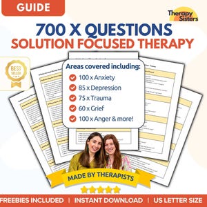 Op de afbeelding: Een gids voor oplossingsgerichte therapie met 700 vragen over onderwerpen als angst, depressie, trauma, verdriet en woede. De gids is gemaakt door therapeuten en bevat gratis extra's. De tekst "BEST SELLER" staat in een rode stervorm.