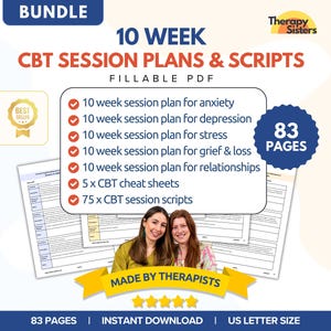 CBT-sessieplannen van 10 weken | CGT-activiteiten Therapiescripts Voortgangsnotities Therapie Cheatsheet Therapie ACT-counselor Vragen Slimme doelen