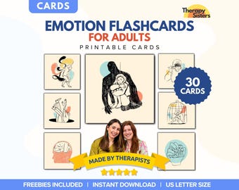 May include: A set of 30 printable flashcards for adults featuring illustrations of different emotions. The cards are designed by therapists and are perfect for helping adults understand and manage their emotions. The cards are available for instant download and are US letter size.