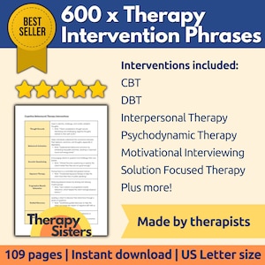 600 Therapy Intervention Phrases HIPAA Compliant Progress Notes | Therapy Cheat Sheet Phrases IFS Therapy ACT Counselor Questions Smart Goal