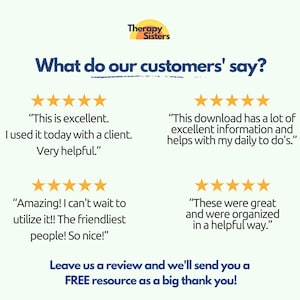 Peut inclure: Un graphique avec le texte "What do our customers' say?" et quatre avis clients avec des &eacute;valuations cinq &eacute;toiles. Chaque avis comprend une citation et une &eacute;valuation par &eacute;toiles. Le graphique comprend &eacute;galement le texte "Leave us a review and we'll send you a FREE resource as a big thank you!"