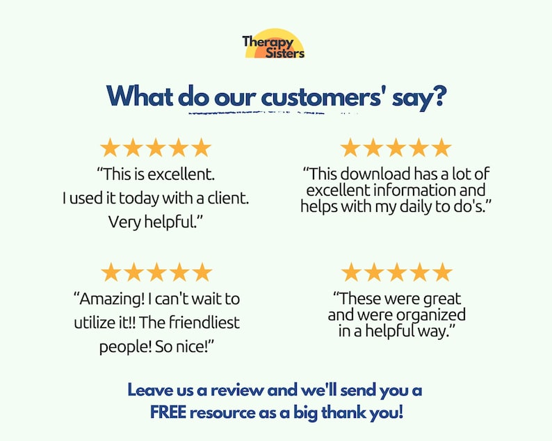 Peut inclure: Un graphique avec le texte "What do our customers' say?" et quatre avis clients avec des &eacute;valuations cinq &eacute;toiles. Chaque avis comprend une citation et une &eacute;valuation par &eacute;toiles. Le graphique comprend &eacute;galement le texte "Leave us a review and we'll send you a FREE resource as a big thank you!"