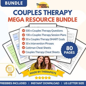 Op de afbeelding: Een digitale bronnenbundel voor relatietherapie, met 80 pagina's aan werkbladen, vragen en spiekbriefjes. De bundel bevat 500 relatietherapievragen, 100 relatietherapie-sessieplannen, 50 relatietherapie-SMART-doelen, 30 interventiefrases, Gottman-spiekbriefjes en relatietherapie-spiekbriefjes. De bundel is gemaakt door therapeuten en is direct te downloaden.