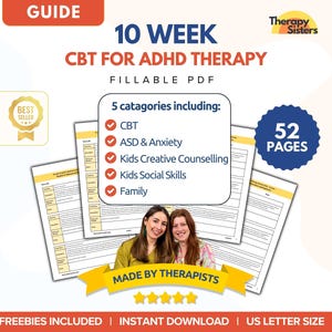 10-veckors KBT-sessionsplaner för ADHD | KBT-aktiviteter Terapimanus Framstegsanteckningar Terapifusk, terapiblad, frågor till terapeut, smarta mål |