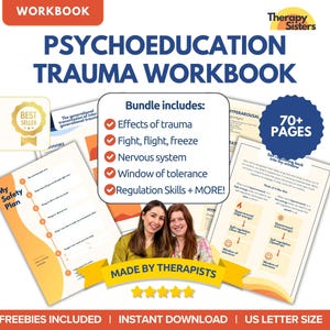 May include: A digital download of a trauma workbook with over 70 pages. The workbook is designed to help people understand the effects of trauma, including fight, flight, freeze, and the nervous system. It also includes information on the window of tolerance and regulation skills. The workbook is made by therapists and is available for instant download. The cover features a best seller badge, a safety plan worksheet, and a diagram of the window of tolerance.