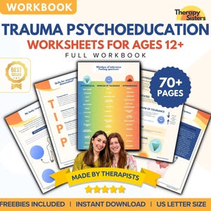 Pode incluir: Um livro de trabalho digital para download para maiores de 12 anos, intitulado "Trauma Psicoeducação Folhas de trabalho". O livro de trabalho foi projetado para ajudar as pessoas a entender e gerenciar o trauma. A capa apresenta um gráfico colorido de uma janela de tolerância, um selo de best-seller e o texto "70+ Páginas".