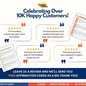 以下が含まれることがあります： Therapy Sistersのプロモーション用グラフィック。顧客の推薦文と「Celebrating Over 10K Happy Customers!」のテキストが表示されています。レビューに対する無料アファメーションカードの提供が含まれています。製品はKids CBT & Creative Therapy用です。
