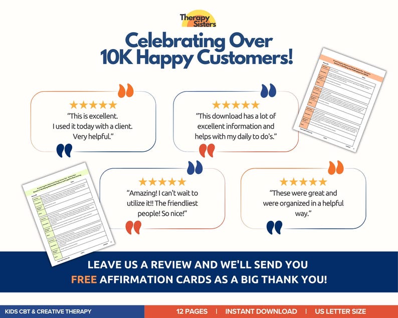 以下が含まれることがあります： Therapy Sistersのプロモーション用グラフィック。顧客の推薦文と「Celebrating Over 10K Happy Customers!」のテキストが表示されています。レビューに対する無料アファメーションカードの提供が含まれています。製品はKids CBT & Creative Therapy用です。