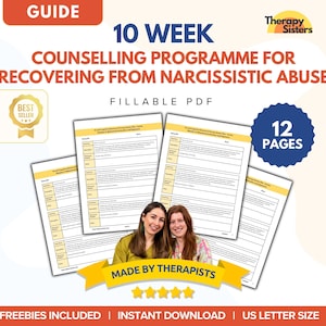 May include: A digital guide titled "10 Week Counselling Programme for Recovering from Narcissistic Abuse." The fillable PDF includes 12 pages and is made by therapists. The guide is a best seller and includes freebies.