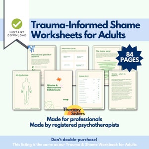 Puede incluir: Un conjunto de 84 hojas de trabajo imprimibles para adultos sobre la vergüenza informada por el trauma. Las hojas de trabajo incluyen temas como cómo deshacerse de la vergüenza, un mapa del cuerpo, la vergüenza y los comportamientos destructivos, tarjetas de afirmación, la espiral de la vergüenza y quién tiene la culpa. Las hojas de trabajo están hechas por psicoterapeutas registrados.