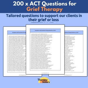 Puede incluir: Una hoja de trabajo imprimible con 200 preguntas para la terapia del duelo. La hoja de trabajo se titula "200 x ACT Questions for Grief Therapy" y "Preguntas personalizadas para apoyar a nuestros clientes en su dolor o pérdida". La hoja de trabajo está dividida en tres columnas, cada una con una lista de preguntas. Las preguntas están diseñadas para ayudar a las personas a lidiar con el dolor y la pérdida.