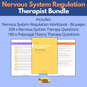 Puede incluir: Un paquete de terapeuta para la regulación del sistema nervioso, que incluye un libro de trabajo con 86 páginas, 200 preguntas de terapia del sistema nervioso y 100 preguntas de terapia de la teoría polivagal. La portada del libro de trabajo es amarilla con el título "The Nervous System Regulation Workbook".