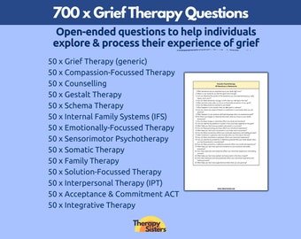 700 Grief Therapy Questions | Grief and Loss Therapy Interventions Therapy Cheat Sheet Phrases Grief Worksheets ACT Counselor Questions EFT