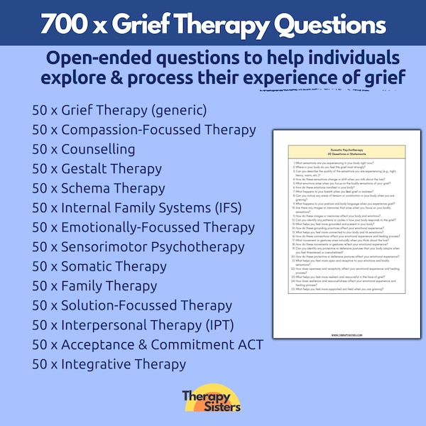 700 Grief Therapy Questions | Grief and Loss Therapy Interventions Therapy Cheat Sheet Phrases Grief Worksheets ACT Counselor Questions EFT