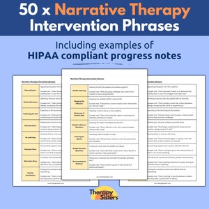 50 Narrative Therapy Intervention Phrases HIPAA Compliant Progress Notes | Therapy Cheat Sheet Phrases ACT Counselor Questions Smart Goal