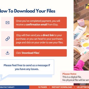 以下が含まれることがあります： 「How To Download Your Files」というタイトルのデジタルダウンロードガイド。確認メールの受信、直接リンクへのアクセス、「Download Files」のクリックに関する手順が記載されています。画像には「Please Note: This is a digital file. No physical file will be sent to you.」というテキストも含まれています。