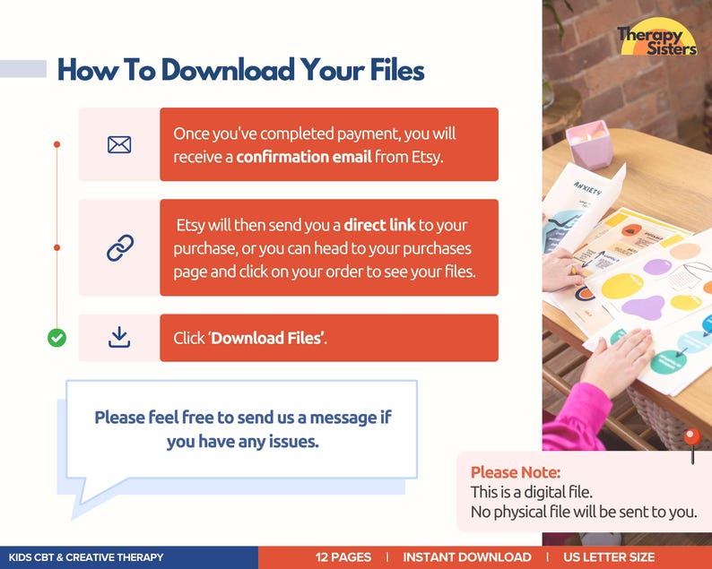 以下が含まれることがあります： 「How To Download Your Files」というタイトルのデジタルダウンロードガイド。確認メールの受信、直接リンクへのアクセス、「Download Files」のクリックに関する手順が記載されています。画像には「Please Note: This is a digital file. No physical file will be sent to you.」というテキストも含まれています。