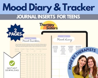 May include: A printable mood tracker and diary for teens. The mood tracker has a color key and a grid for tracking moods daily. The mood diary has sections for situations, feelings, automatic thoughts, and behaviors. The printable is designed by Therapy Sisters.